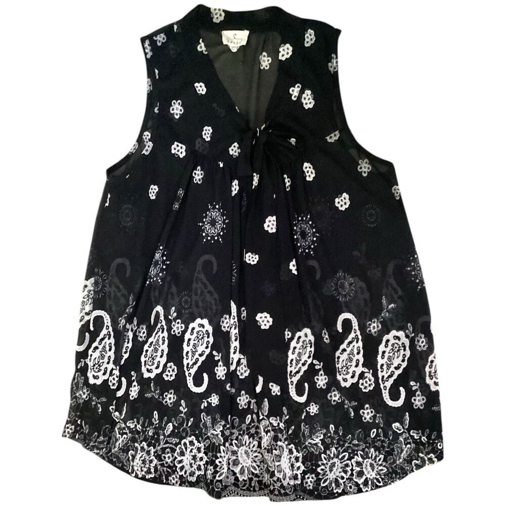 Ember Black White Floral Paisley Tie Neck Mesh Sheer Tunic Top Size M